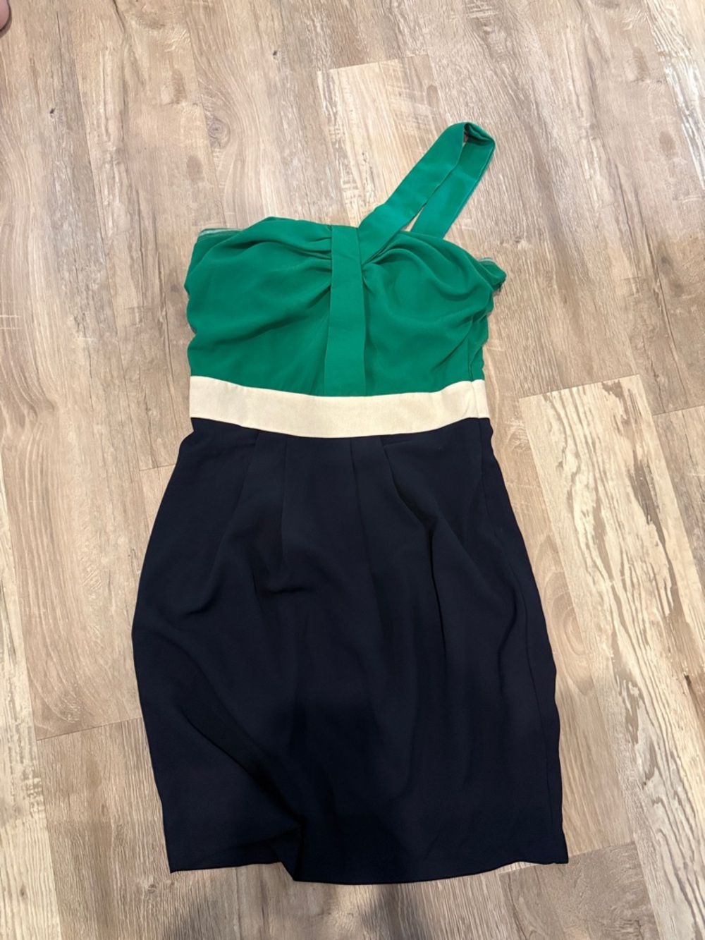 Green One-Shoulder Colorblock Dress with Cream Waistband and Navy Skirt